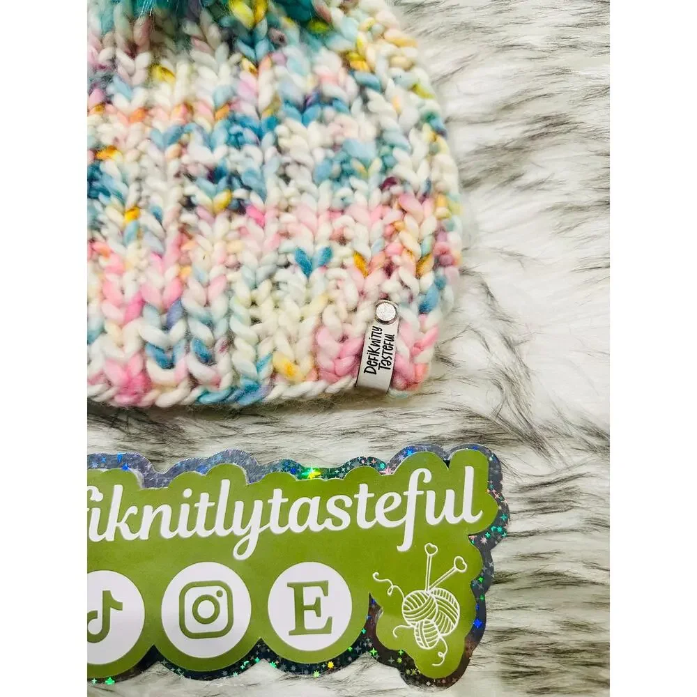 Hand Knit Merino Wool Beanie: DefiKnitly Tasteful Knit Hat with Faux Fur Pom